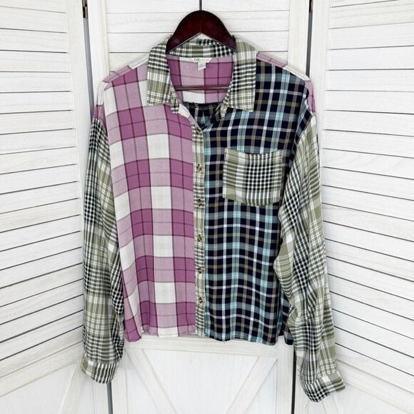 Cato Patchwork Multi Plaid Button Up Shirt XL Rayon Long Sleeve - Picture 7 of 12